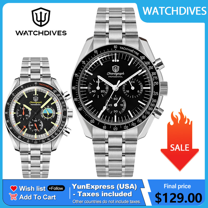 Watchdives WD1863 39mm Watch VK63 Quartz Chronograph Movement Bubble Sapphire Crystal Luminous