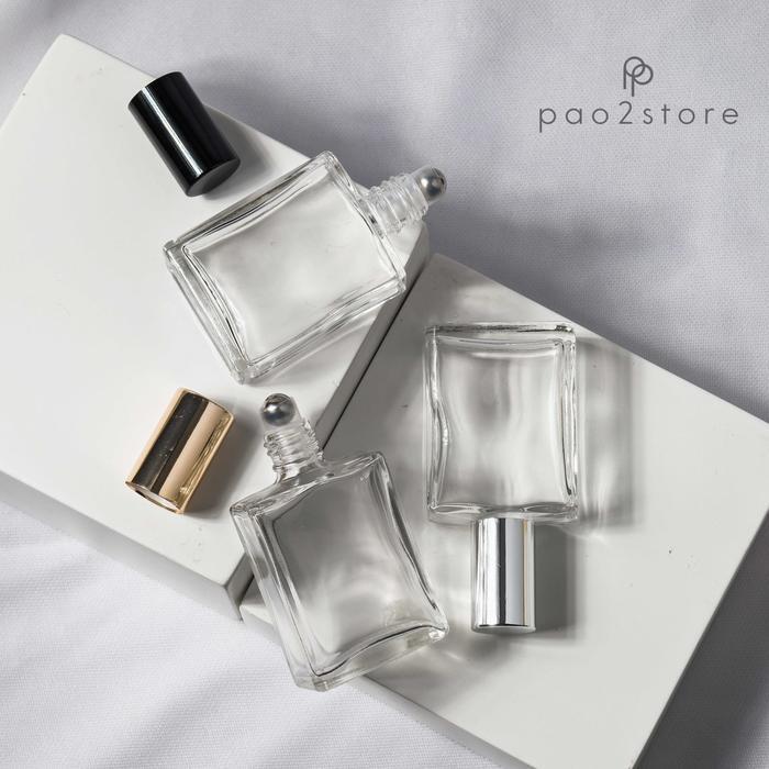"New" Botol Roll On 15ml - Kaca TEBAL Kotak Pipih - Bola Roller Besi Stainless - Parfum Essential