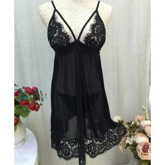 Diskon PAJAMA Lingerie Babydoll Sleepshirt Pakaian Seksi Intimates Lace Bow Longnight Menggoda Dress