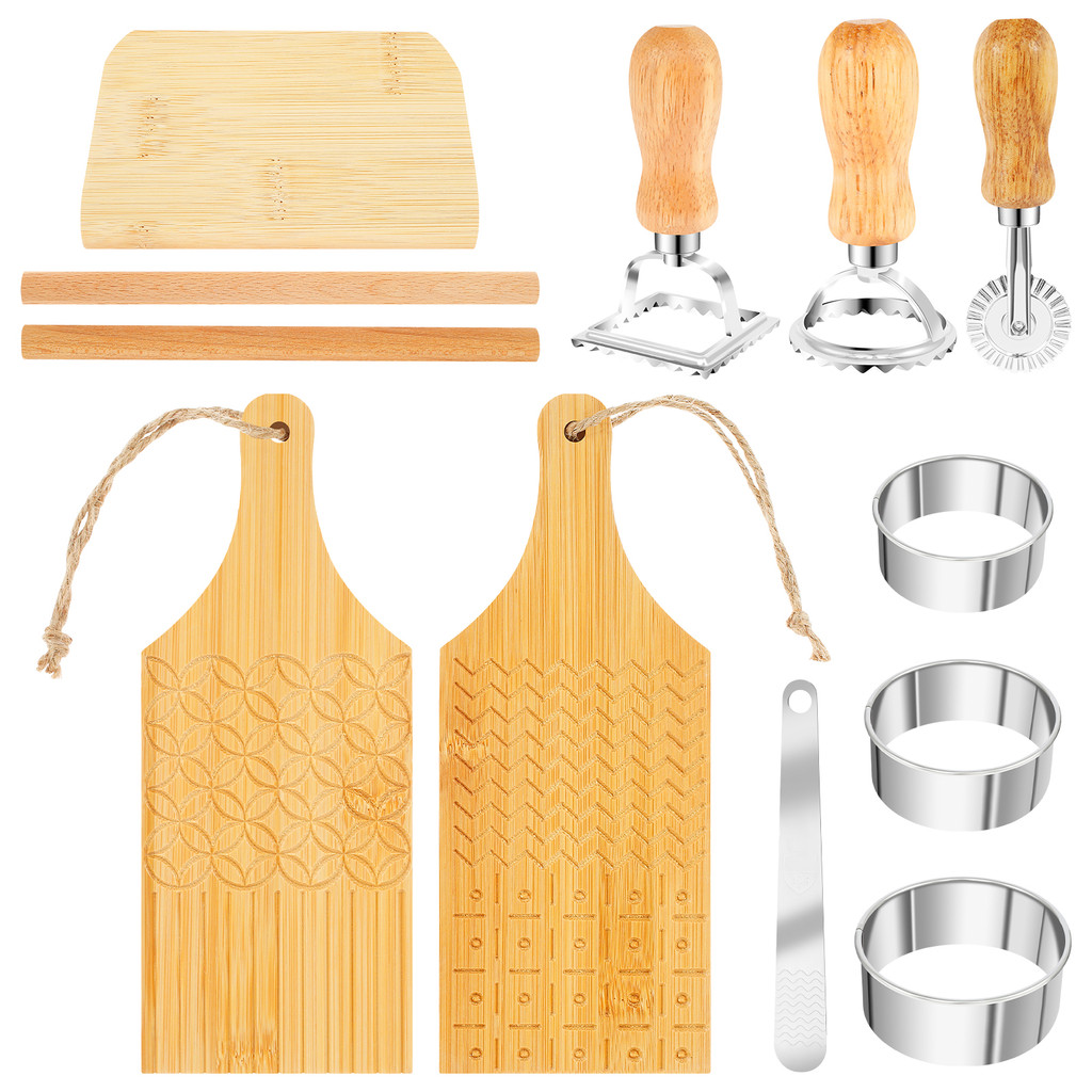 Gnocchi Pasta Making Tool Set Wood Gnocchi Board DIY Ravioli Stamp Maker Cutter with Roller Wheel Ro