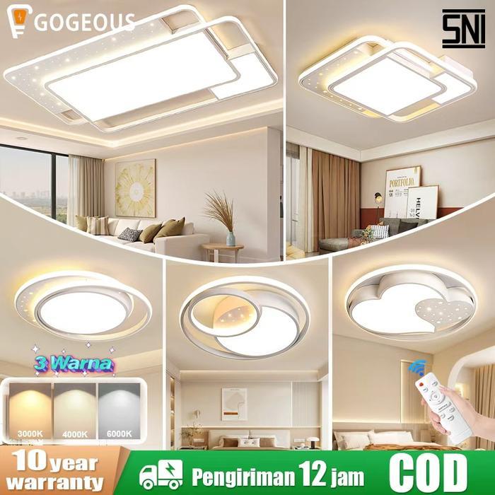 GOGEOUS Lampu Plafon Minimalis 3 Warna LED Kristal Putih Akrilik 48W 98W Remote Control SNI Lampu