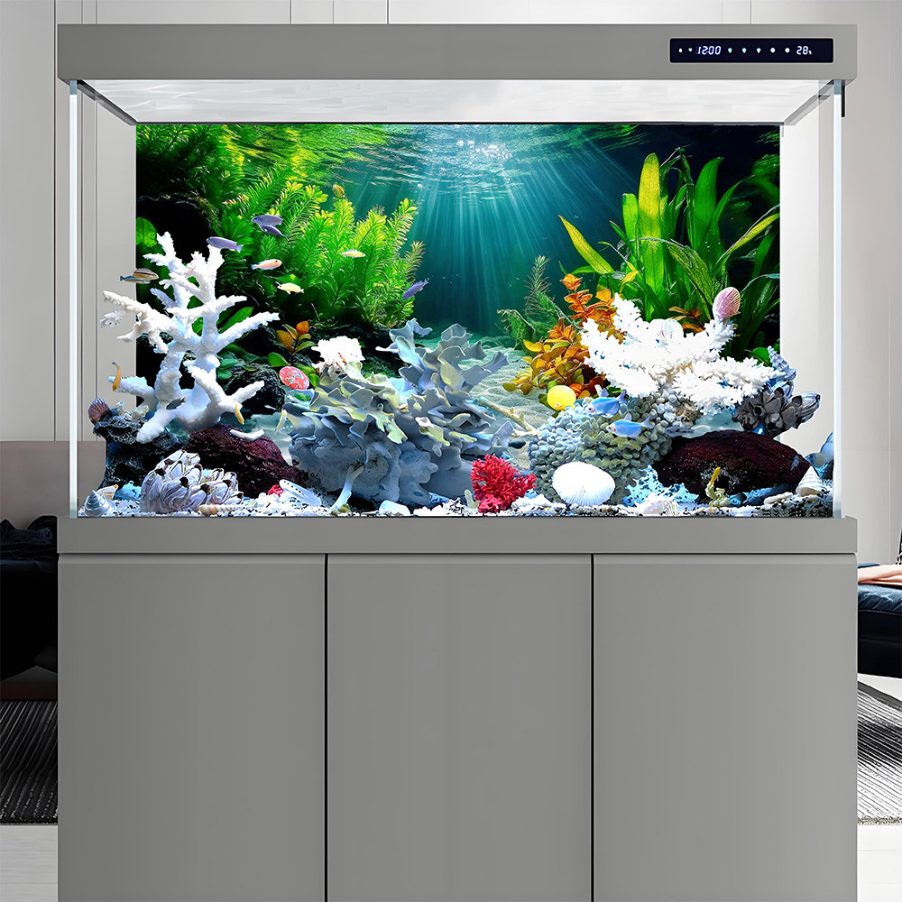 Colorful aquatic plant paradiseFish tank background paintingAquarium painting sticker, Front