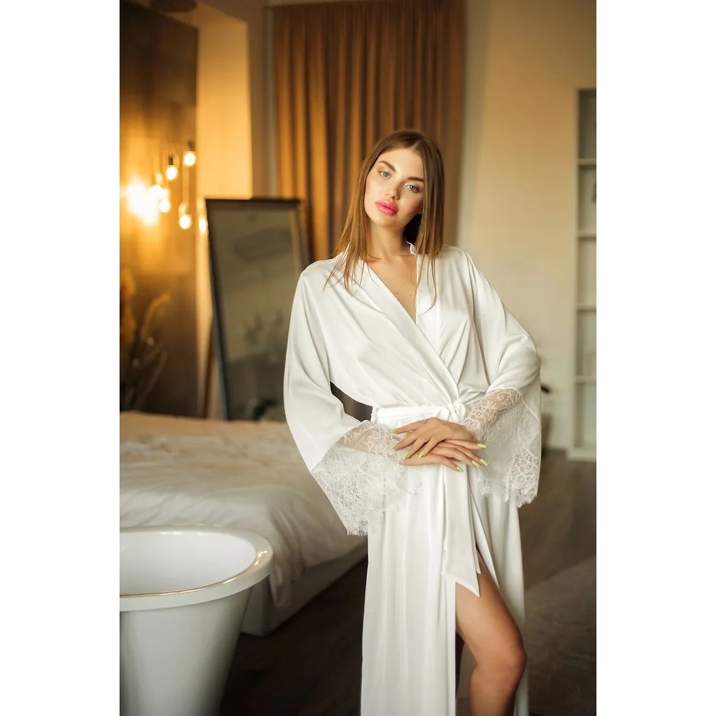 Bride Robe with Lace Sleeves White Boudoir Lace Bridal Robe Long Wedding Kimono Robe for Women