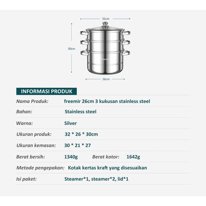 [Exclusive] freemir Panci Kukus 3 Susun Kukusan Tinggi Kukus Dimsum Bolu Multifungsi Stainless Steel