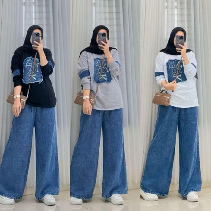 set celana kulot jeans mix kaos combad ny by jevani
