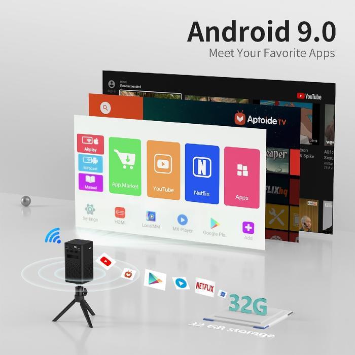 ROCKWARE C900S - Mini Smart Android 9.0 DLP Projector 300 ANSI Lumens - Proyektor DLP Baterai