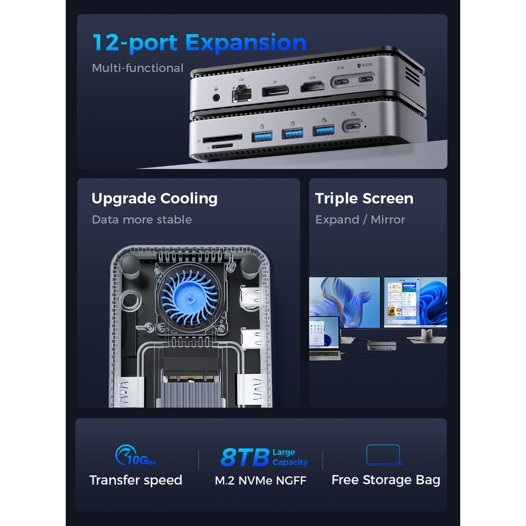 ORICO M2P11 USB C Display HUB with Cooling Fan M.2 NVMe SATA SSD Enclosure External 10Gbps HDMI-Com