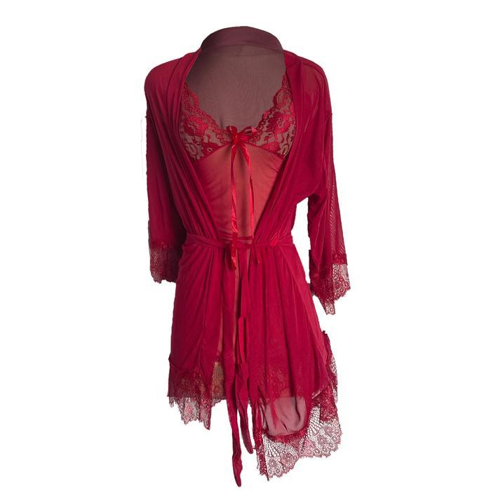 Diskon [Red Pink] Kimono Lingerie + Daster Renda Set Premium Import LR75 Dress Wanita Tidur New