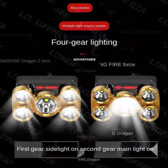 Senter Kepala 5 mata Headlamp High Power 3 XPE 38000W Waterproof khusus berburu malam mounting &