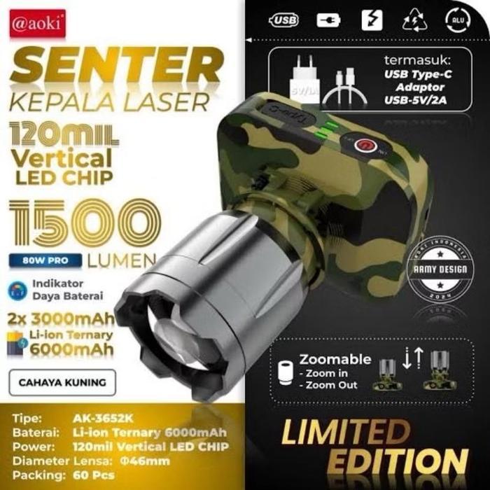 AOKI Senter Kepala Limited Edition Zoom Headlamp AK-3651A & AK-3652K 80W Cahaya Putih & Kuning 1500