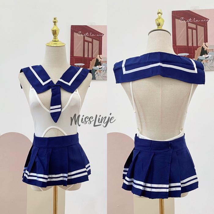 Diskon MISS LINJE Size M-XXL Lingerie Baju Kostum Cosplay Bodysuit Seragam Unifrom Murid Jepang Sexy