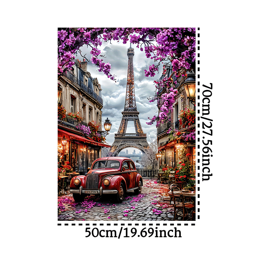 1000pcs Paris Eiffel Tower Street View Jigsaw Puzzle with Retro Red Cars & Floral French Streetscape