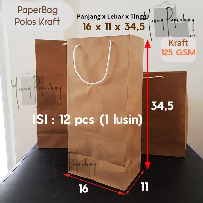 Paper Bag Tas Kertas Paperbag Kraft Coklat Polos 16 x 11 x 34,5 125GSM