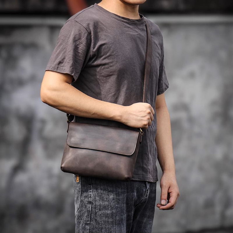 Men's Cowhide Bag Flap Fashion Shoulder Bag 7.9 inch ipad phone bag Vintage Leather Crossbody Bag