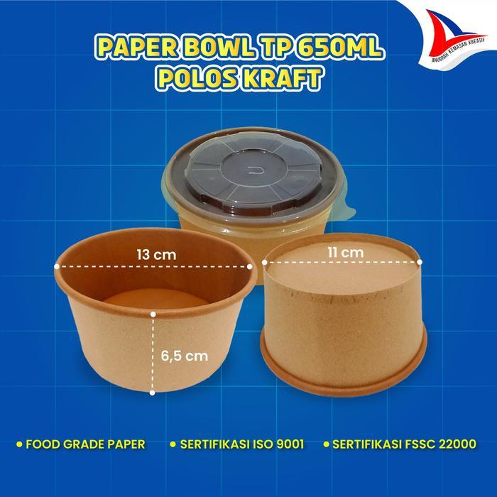 PAPER BOWL TP 650 ML KRAFT PLUS TUTUP ISI 25 PCS