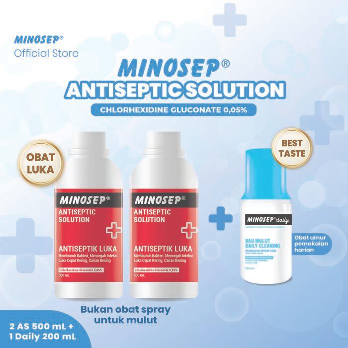 Minosep Antiseptic Solution Obat Luka Obat Merah Antiseptik 500ml 2 botol + BONUS 1 DAILY 200ml