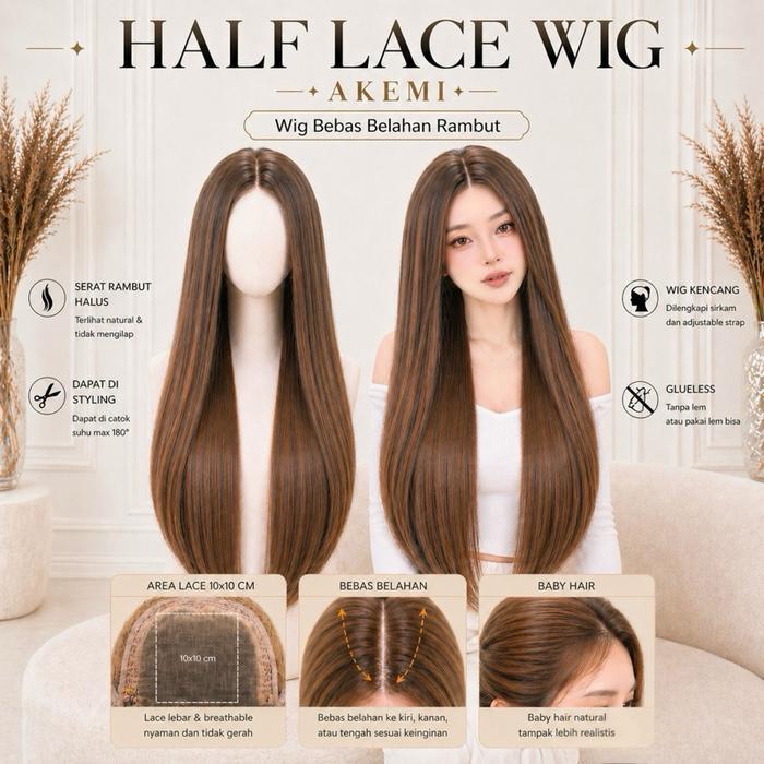 [Akemi Hair] - Half Lace Wig Akemi Lurus 60Cm Rambut Palsu Wanita Dewasa Panjang Natural Premium Wig