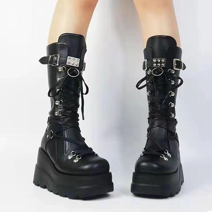 PVN Project Sepatu Boots chunky Panjang Wanita Hak Tinggi Fashion shoes SFW 291 warna hitam Tapak