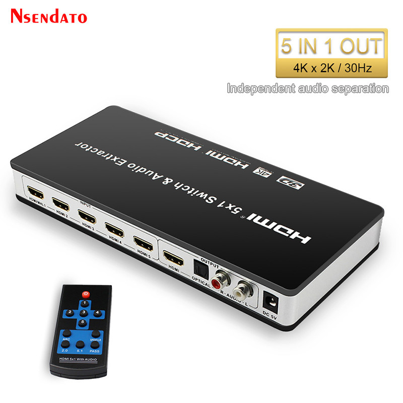 5X1 HDMI Switcher with Audio Extractor HDMI Switcher 5 in 1 out 4K with R/L Audio HDMI Switch ARC