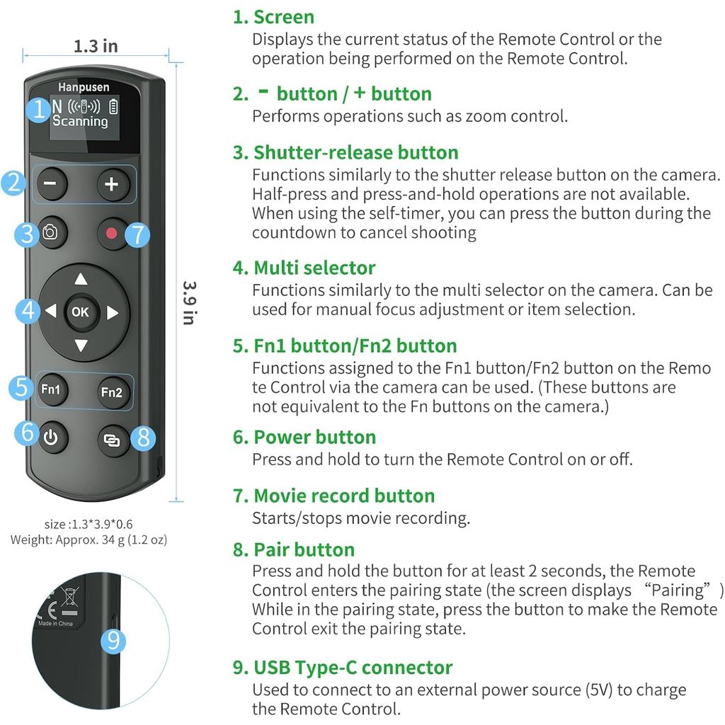 ML-L7 USB-C Wireless Remote Control Shutter Release for Nikon Z5II Z6III Z30 Z50 Z50II Zfc Zf Z6II