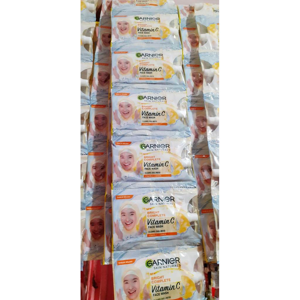 1 renceng GARNIER BRIGHT COMPLETE Vitamin C Face Wash isi 12 sachet 9 ml sabun cuci muka/wajah membe