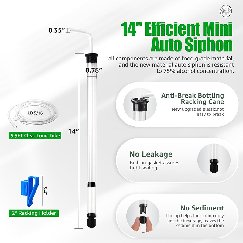 Auto Siphon for Wine Making,14" Wine Siphon with 3/8" Racking Cane, Bottling Wand,Effortless