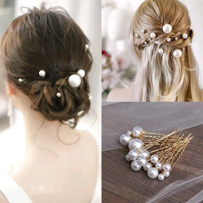 Bride Hair Pins - 18 Pcs Jepit Rambut/ Tusuk Konde Aksen Mutiara Bentuk Untuk Clip Perak