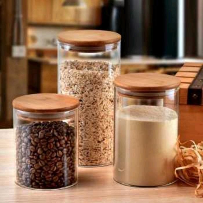 Toples kaca set 3 pcs tutup kayu