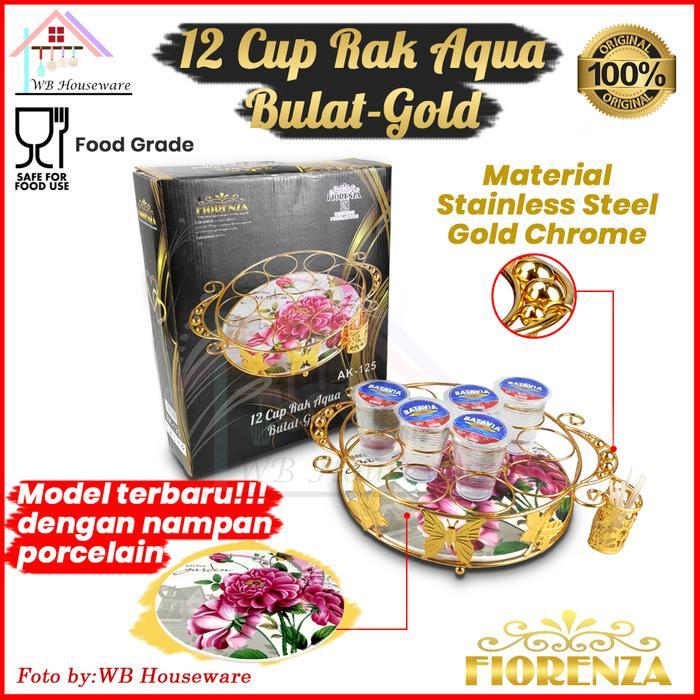 TERBARU FIORENZA Rak aqua 12lubang stainless gold bulat AK-125 / tempat minum cup aqua gelas segi
