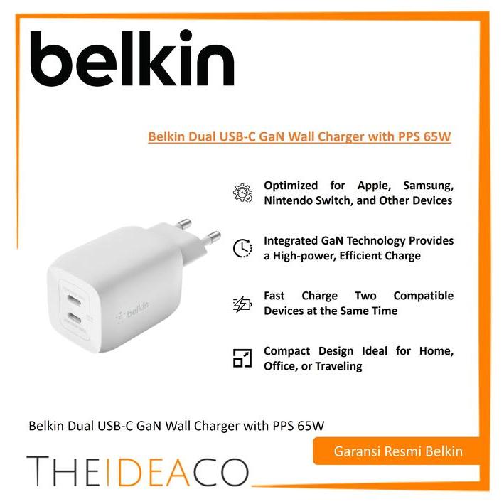 Belkin Dual USB-C GaN Wall Charger with PPS 65W (WCH013krWH)