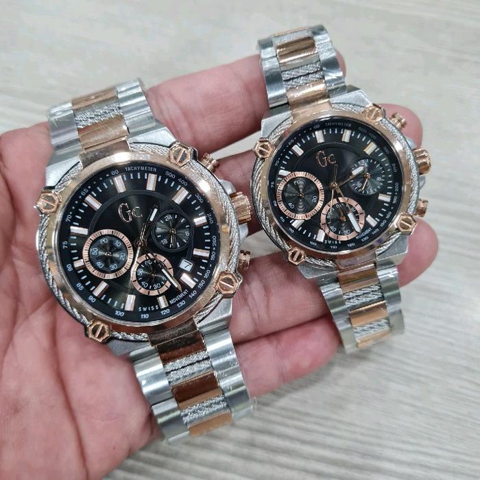 Jam Tangan Couple GC Y24002G2 / Y24003G2 - Silver Combi Hitam