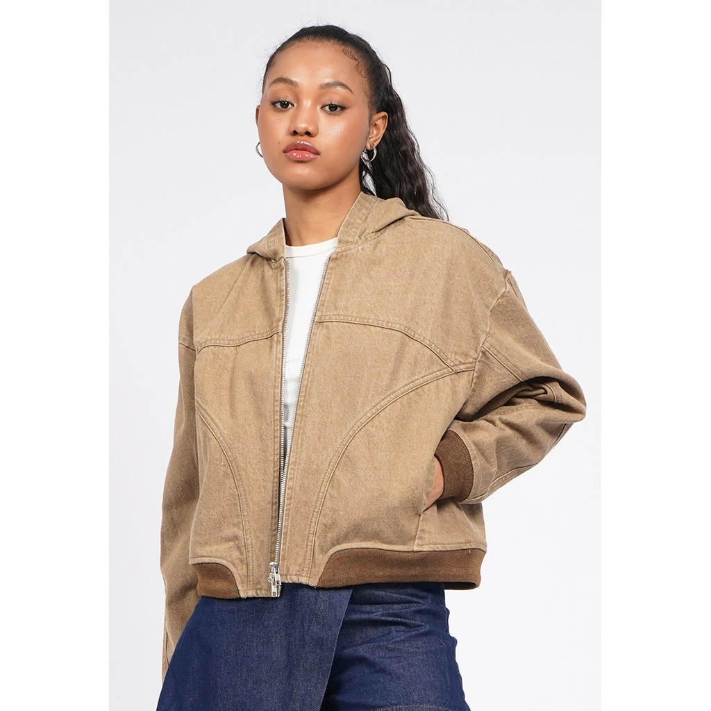 COLORBOX Hooded Long Sleeve Denim Jacket Dark Brown