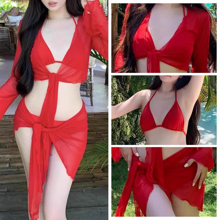 TERMURAH Set Bikini Seksi 4 Potong Baju Renang Merah Pemutih Baju Renang Gadis Seksi Liburan