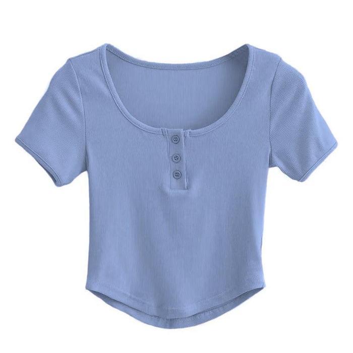 Blouse Korea - Wiggle Crop Top Kancing Lengan Pendek - Baju Atasan Wanita Kancing Rib Crop Diskon