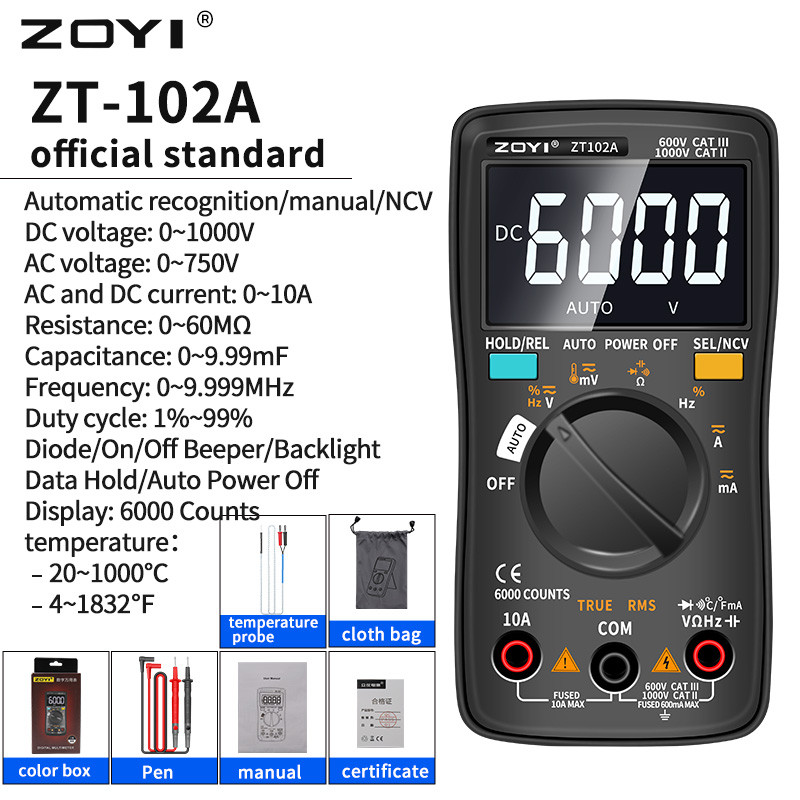 ZOYI ZT102/102A Digital Multimeter 6000 Counts Electrical Meter Transistor Tester Auto Rang AC/DC
