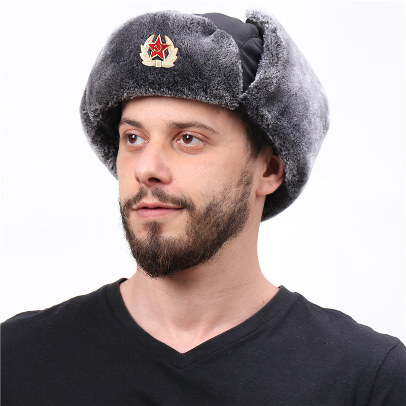 Russian Hat Cap with Soviet Badge Faux Furs Ushanka Flaps Hat For Men Thick Warm Winter Water and