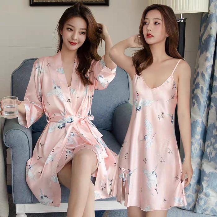 lily kimono piyama - setelan baju tidur satin premium - Free Belt - Lingerie kimono set - Satin silk