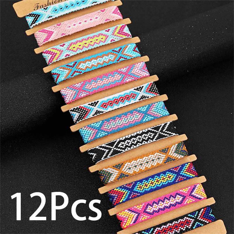 Set 12 Gelang Persahabatan Anyaman Nepal dengan Penyesuaian Simpul Geser untuk Anak, Perempuan, dan 