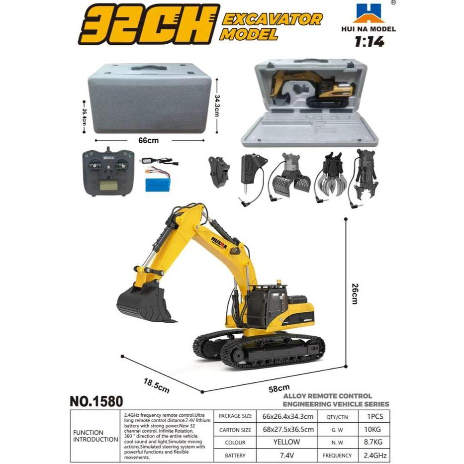 HUINA 1580 RC Excavator Big FULL Metal 1/14 32Ch ( 1580 ) CAT 580 New Version *