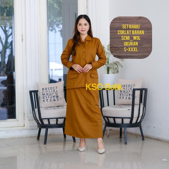 khaki wanita kerah rebah saku bawah model rok span terbaru bahan semiwool / baju pemda / baju guru /