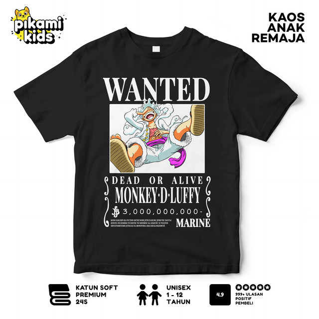 PIKAMI Kaos Distro Anak One Piece Luffy Wanted Banyak Diminati - Baju Anak One Piece Hitam