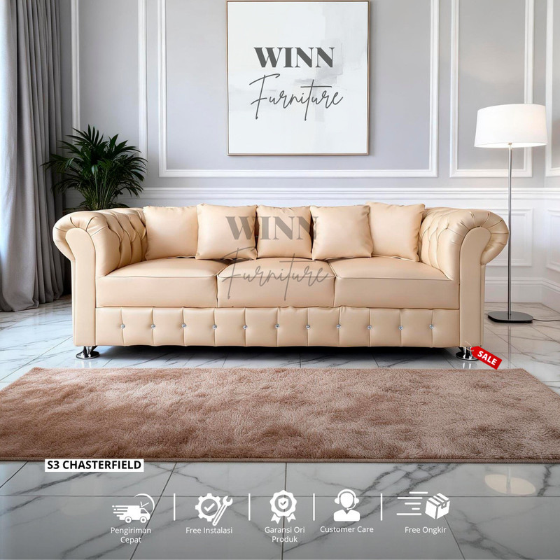 Sofa 3 Seater Chesterfield Klasik Mewah Velvet Merah Armrest Rolled Aesthetic | Winn Furniture