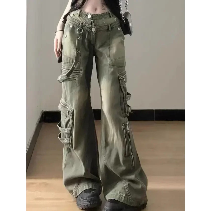 Loose Retro Washed Cargo Jeans Streetwear Women Zipper Baggy Pants Hiphop Straight Pants