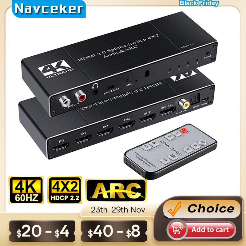 4x2 4K HDMI Switch Audio Extractor ARC & Optical Toslink 4 IN 2 OUT Switch HDMI 4K 60Hz HDMI