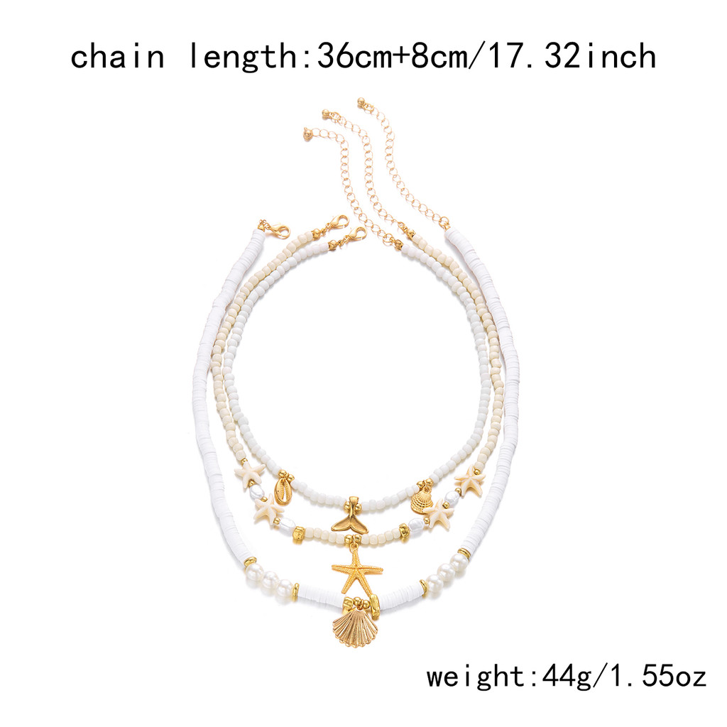 Boho Multilayer Starfish Shell Rice Beads Necklace for Women Vintage Imitation Pearl Stone Necklace