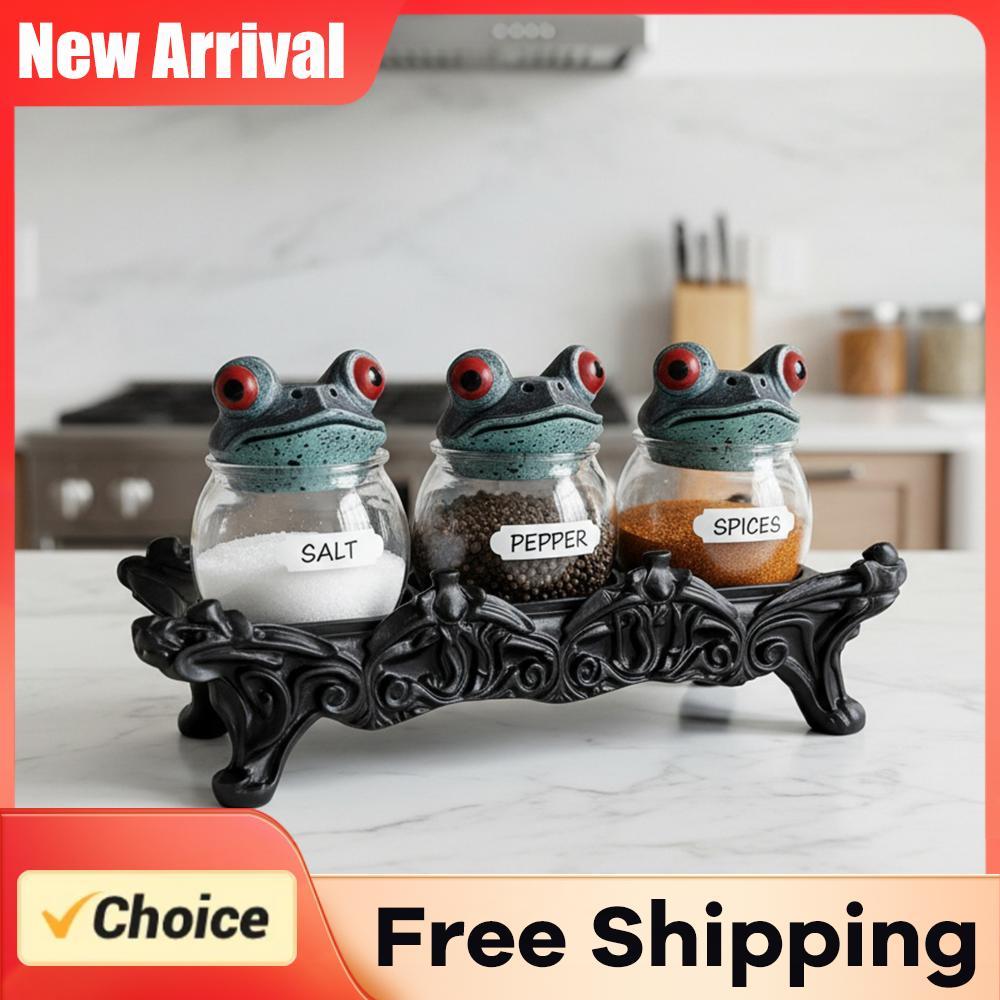 Handcrafted Witchy Frog Apothecary Spice Jars Clear Seasoning Jars 3 Piece Frog Spice Jar Set Spice