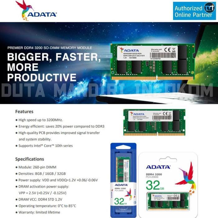 ADATA SODIMM DDR4 8GB 16GB 32GB 3200Mhz - RAM Single SO-DIMM Laptop