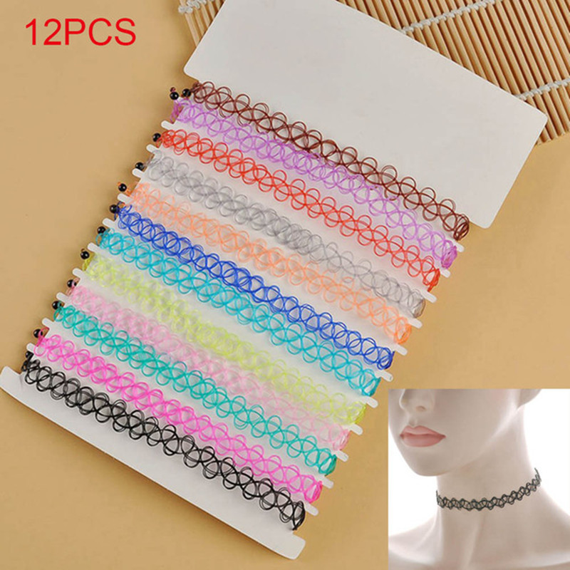 12 pcs Kalung Choker Elastis Vintage Hippie Stretch Tatoo Warna-warni untuk Aksesoris Leher