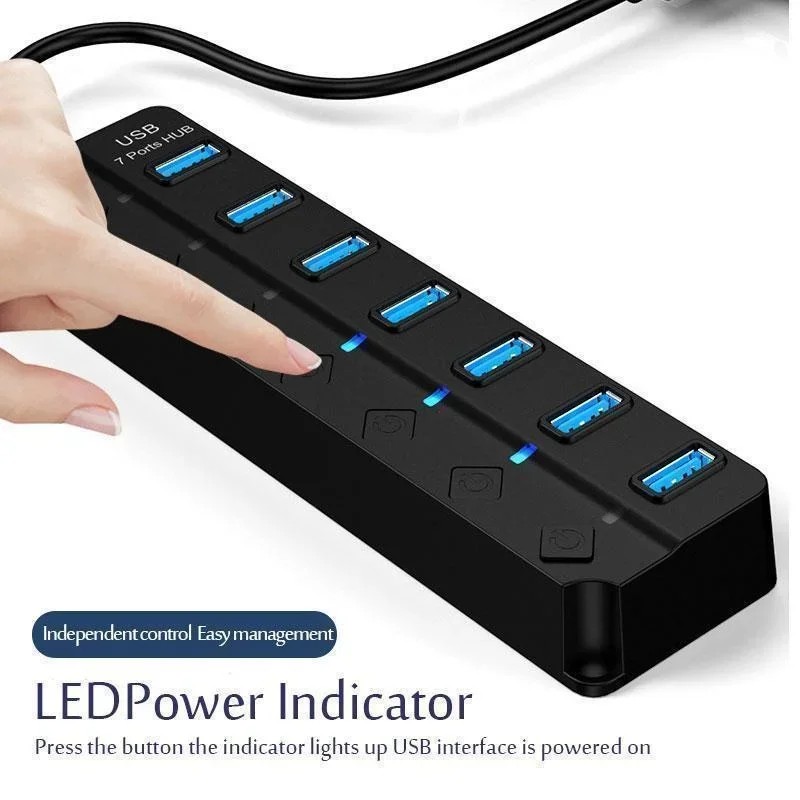 7 Ports USB3.0 Adapter Portable USB Multiport USB 3.0 Ports Hub with Switches LED Converter 5Gbps