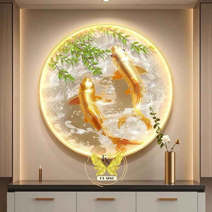 Lukisan Porcelain 5D Diamond Motif Bulat Lukisan Porselen Crystal LED Ikan Koi Emas Lukisan Lampu 5
